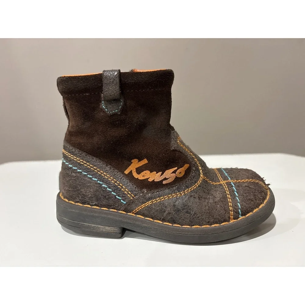 Kenzo Kids Brown Suede Leather Ankle Cowboy‎ Boots Stitching Side Zip 24 7.5